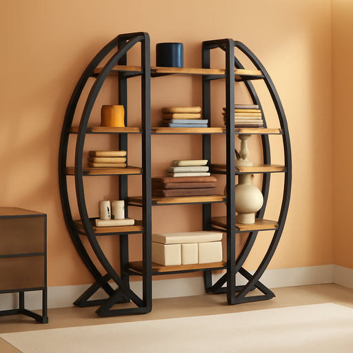 Oval Bookshelf, Triple Wide 5 Tier Etagere Bookcase, Industrial Display Shelves for Living Room (Brown, 55")