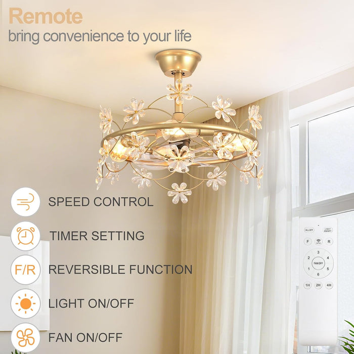 Bedroom Ceiling Fan with Lights: 20" Gold Chandelier Small Fan with Remote Control - Modern Flower Fandelier for Girl'S Bedroom Living Room Kitchen