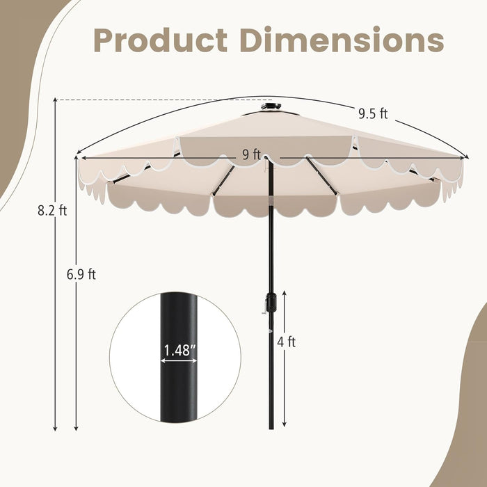 9 FT Solar Patio Umbrella, 2-Tiers Scalloped Outdoor Table Market Umbrella with 24 LED Lights, Vented Top, Tilt Adjustment, Crank, 8 Ribs for Backyard Poolside Deck Beach Lawn (Beige)