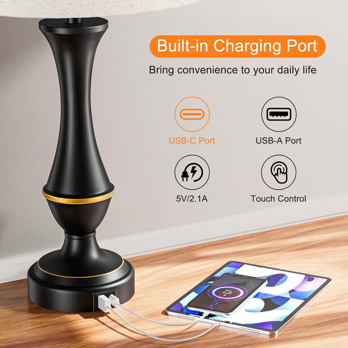 Touch Lamps for Nightstand, 3 Way Dimmable Lamps for Bedroom with USB C+A