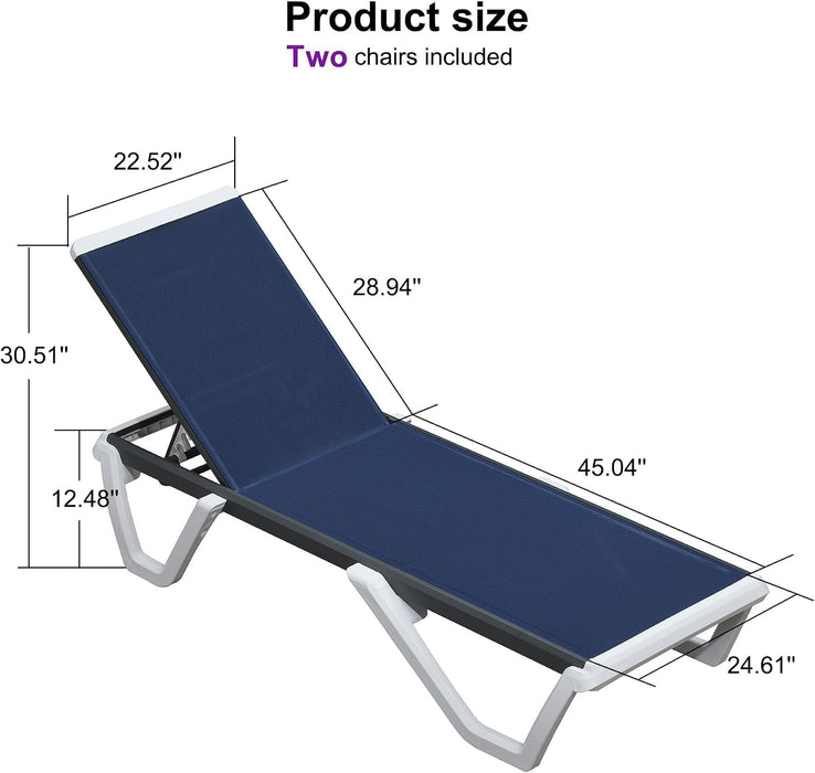 Lounge Chair Outdoor Set of 2 Chaise Lounge W/Wheel, Navy Blue