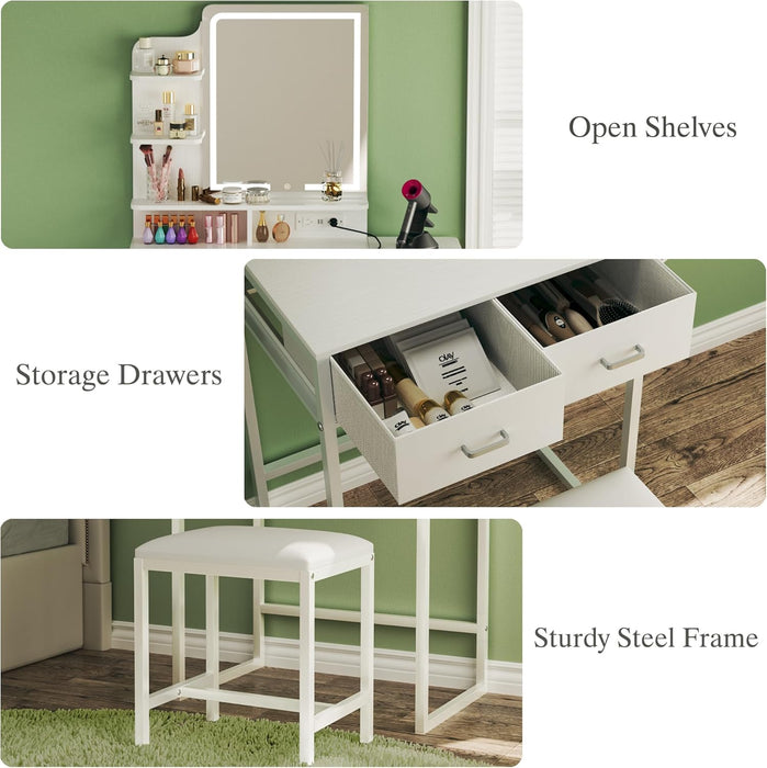 Pearl White Makeup Vanity Desk Integrated Lighting