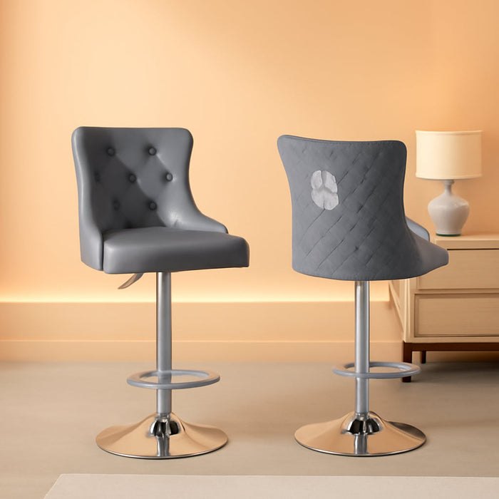 Velvet Adjustable Swivel Bar Stools Set of 4, High Tufted Back Modern Counter Height Stools Chrome Footrest/Lion Pull Ring/Rivet Trim/Diamond Pattern Kitchen Dining Pub Bar Chairs, Dark Grey