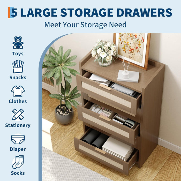 Boho Rattan Dresser 5 Drawers,46 Inch Tall Chest of Drawers for Bedroom Nursery Living Room, Modern Dresser Storage Cabinet for Nursery Living Room, Bedroom and Entryway Dark Oak