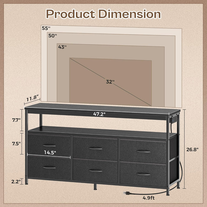 LED TV Stand for Bedroom, 47 Inch Dresser TV Stand for 43, 50, 55 Inch TV, Black TV Stand with Storage, Entertainment Center with Power Outlets, 6 Drawer Fabric Dresser for Living Room