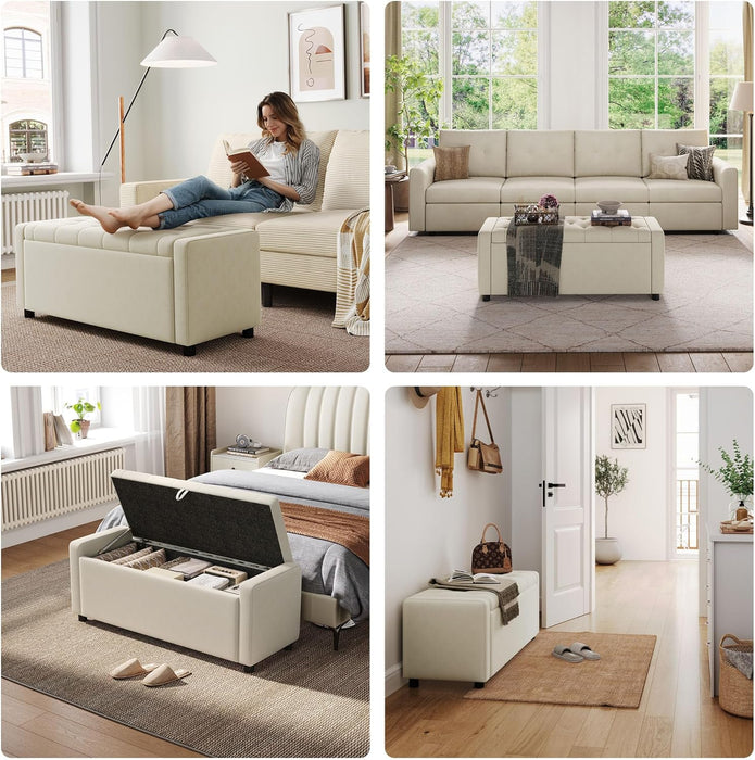 50 Inches Wide Storage Ottoman Bench, Upholstered Foot Rest Stool, Long Bench Footstool, Couch Ottoman, Ottomans for Living Room, Entryway, End of Bed Storage Bench for Bedroom (Beige)