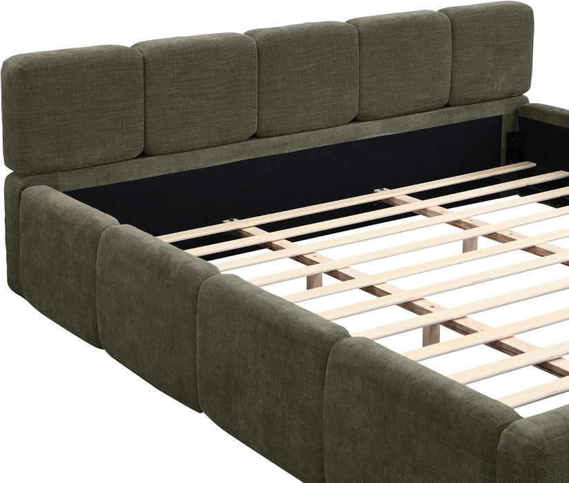 King Size Boucle Platform Bed with Thick Headboard and Footboard, Block Style Upholstery Floor Bed Frame, Green