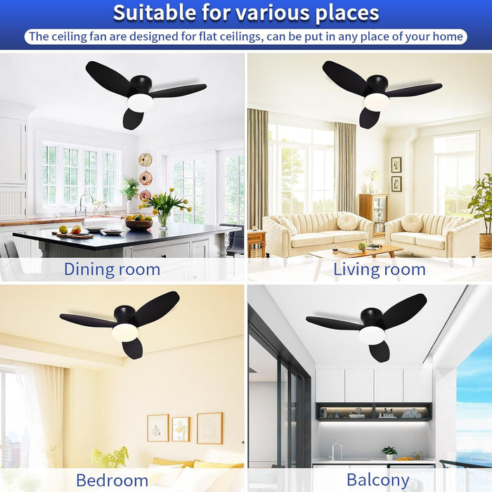 Small Ceiling Fan with Lights and Remote, 32 Inch Flush Mount, Small Quiet, DC Motor, Reversible Blades, 6 Wind Speeds, Dimmable LED, Adjustable Color Temperature, Timer