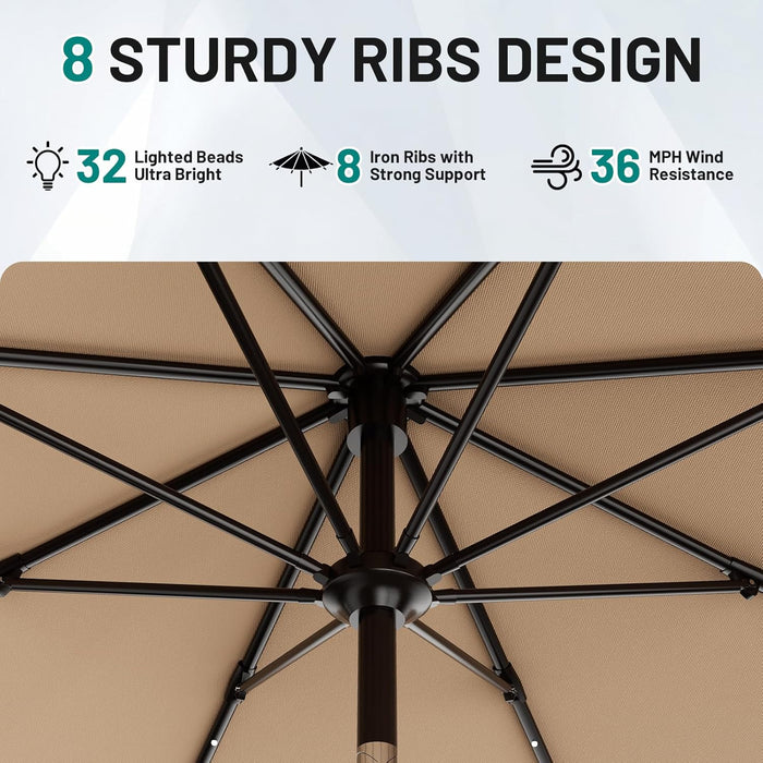 9FT Patio Umbrella with Solar Lights, 32 Lighted Pool Umbrella W/Tilt and Crank, Outdoor Market Solar Umbrellas for Garden, Deck, Backyard, Pool and Beach, Beige