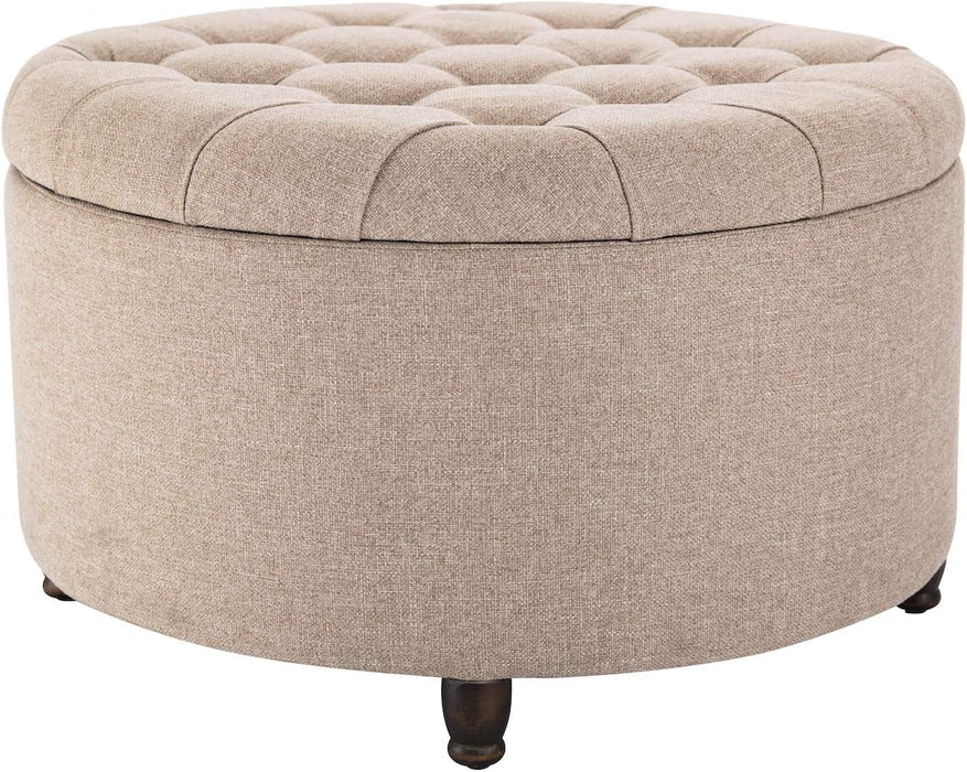 Classic 28-Inch Wide Button Tufted round Storage Ottoman Footstool with Lift off Lid, Light Brown Fabric