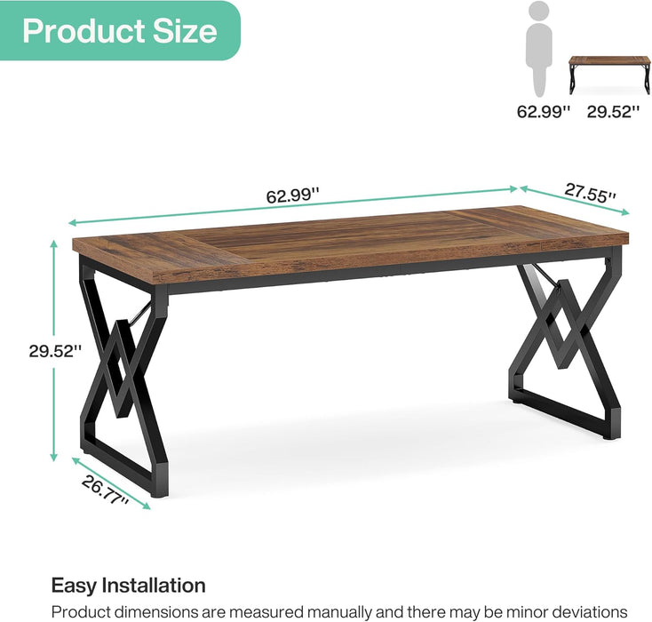 63" Large Industrial Executive Desk with Extra Thickened Tabletop & Metal Frame, Heavy-Duty 300 Lb Capacity Home Office Desk for Study Room, Dorm, Bedroom – Vintage Brown & Black
