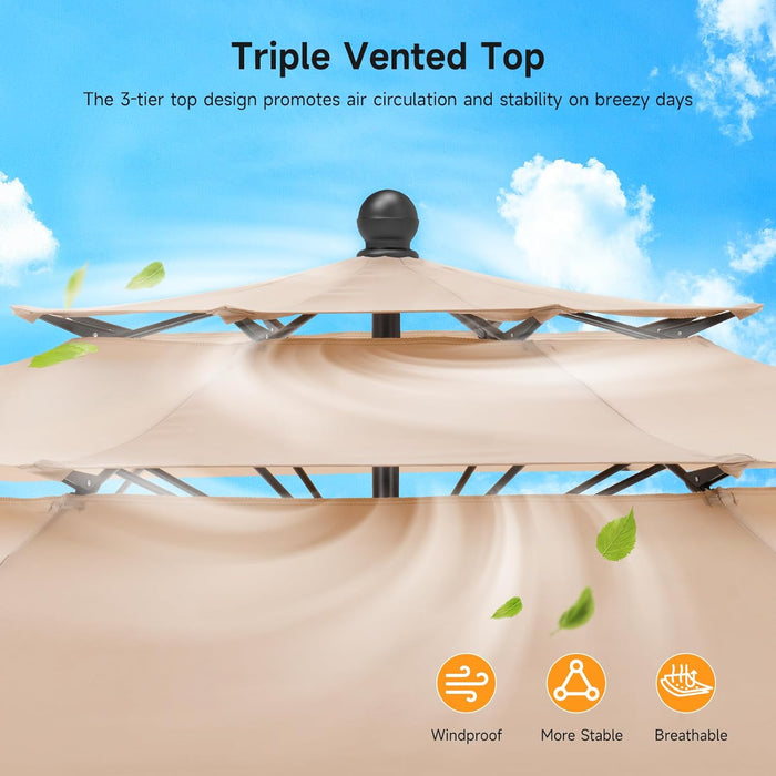 10 FT Patio Umbrella, 3 Tier Outdoor Table Umbrella with 8 Sturdy Glass Fiber Ribs and Push Button Tilt, Outdoor Patio Umbrellas for Market Pool Garden Backyard, 1.5" Pole, Champagne (No Base)