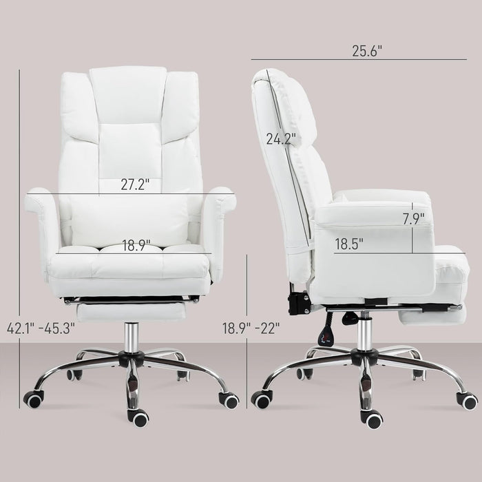 Executive Office Chair with Footrest and Lumbar Support, PU Leather Ergonomic Office Desk Chair, Reclining and Swivel Chair, White