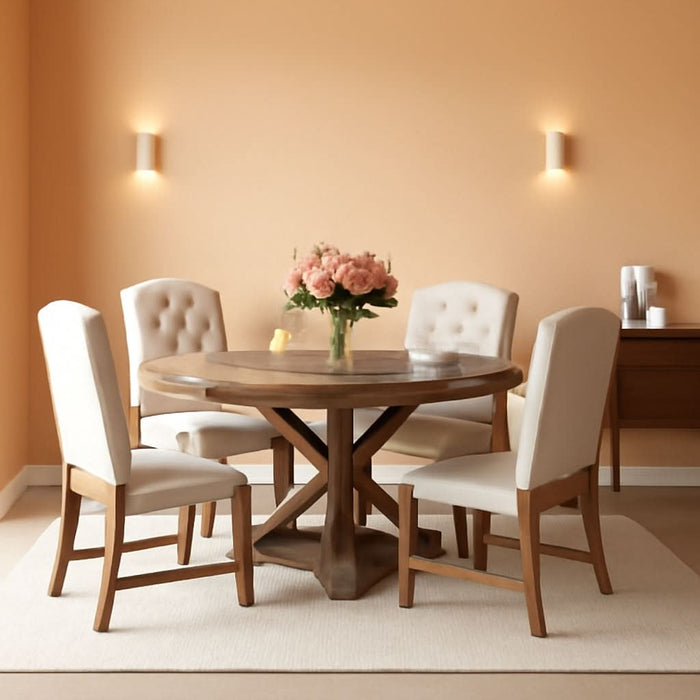 round Dining Table Set for 4-6, Extendable Kitchen Table Set with 4 Upholstered Chairs, Solid Wood Dining Table and Chairs Set for Kitchen, Dining Room, Natural