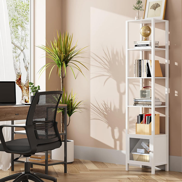 6 Tier  and Bookshelf, Narrow Book Shelf with Door for Small Space, for Living Room, Office, Study, Entryway, White BS03BW006