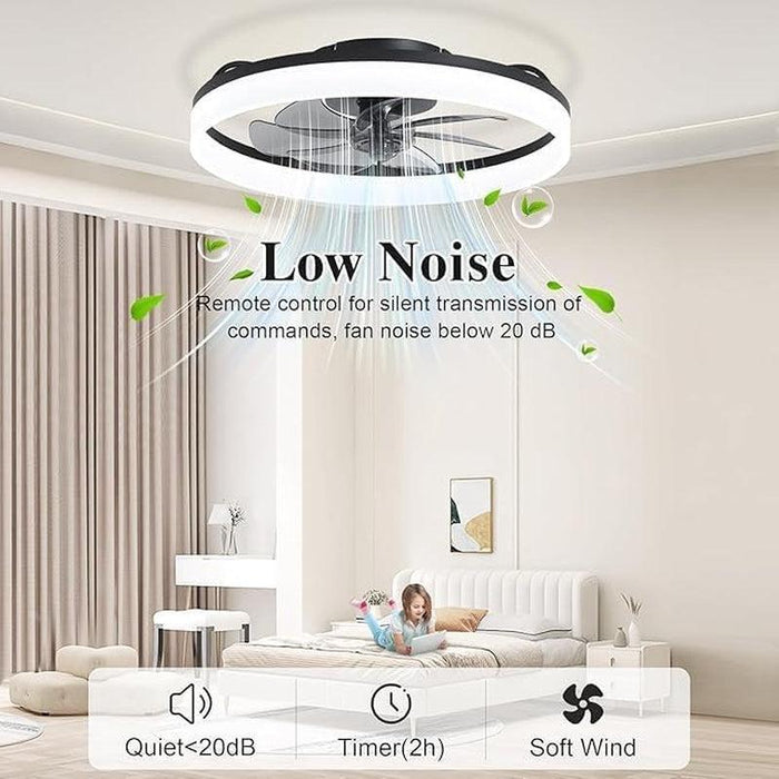 Ceiling Fans with Remote and Lights Fandelier - 20'' Low Profile Flush Mount Modern Black Ceiling Fans for Bedroom - 6 Speeds and Stepless Color Temperature Change