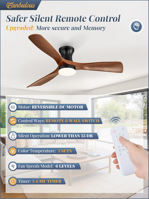 52 Inch Ceiling Fans with Lights and Remote, 3 Blades Flush Mount Low Profile Ceiling Fan, Efficient 3475 CFM, Safe ABS, Timer, Quiet 35Db, 3CCT, Reversible for Bedroom Living Room, Walnut