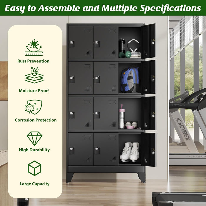 12 Doors Metal Storage Lockers Cabinet for Employees,71" Employees File Storage Locker Cabinets with 12 Lockable Doors and Lock,Tall Steel Looker Cabinet for Gym, School,Office,Stuff,Black