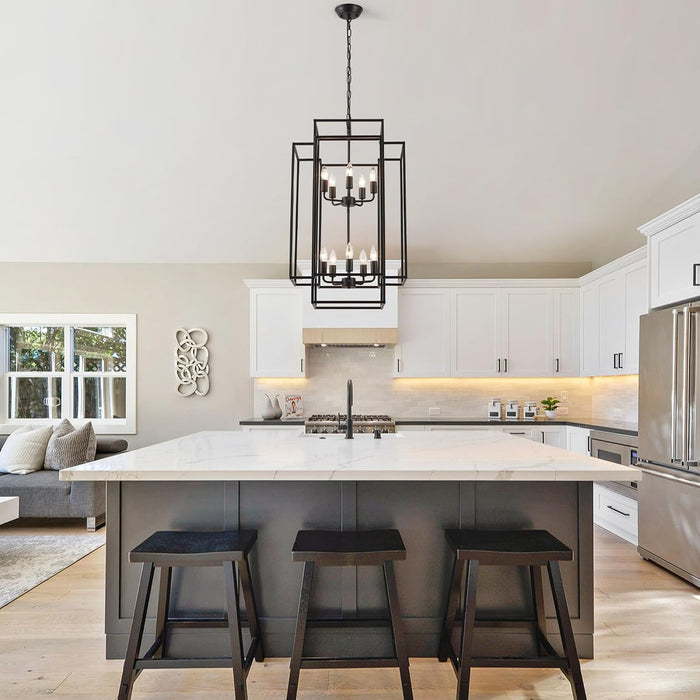 Large Lantern Chandelier for Entryway Foyer, 2-Tier Matte Black Cage Chandelier, 10-Light Hanging Light Fixture for High Ceiling Staircase Living Room