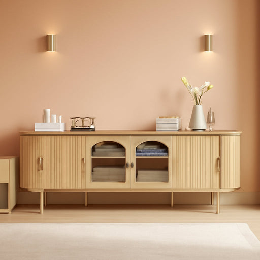 70" Modern Fluted TV Stand, Entertainment Center with Reeded Glass Door, Ajustable Shelves & Sliding Doors, TV Console with Large Storage Space, Media Console for Living Room, Oak