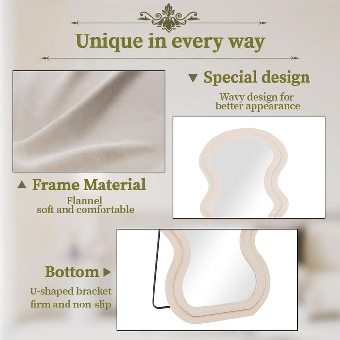 71"X32" Irregular Mirror Full Length, Large Full Body Freely Standing Mirror, Flannel Wave Floor Mirror with Stand for Bedroom, Living Room, Hanging or against the Wall, White
