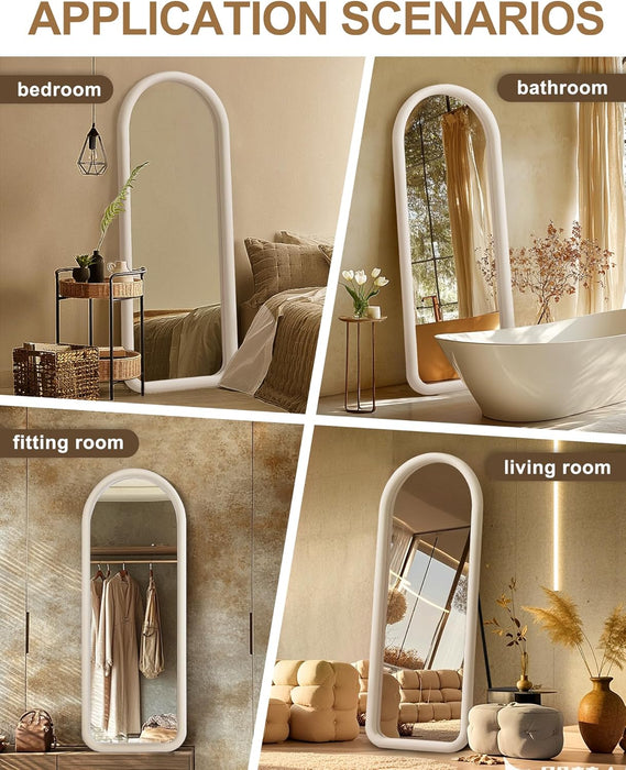 Arched Full Length Mirror, Free Standing Floor Velvet Finish Frame Mirror for Leaning or Hanging, Soft Touch Bedroom & Living Room Decor, Cream White