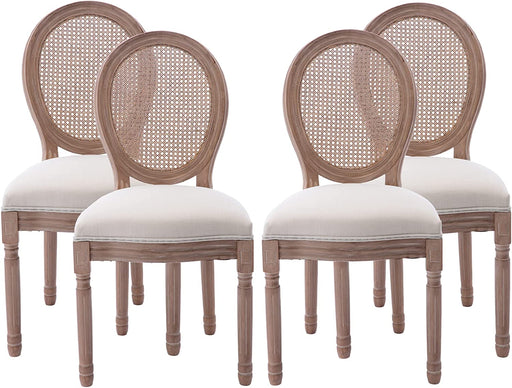 French Country Dining Chairs Set of 4, Farmhouse Fabric Chairs with round Back, Rattan Dining Chair, Oval Side Chairs for Dining Room/Living Room/Kitchen/Restaurant