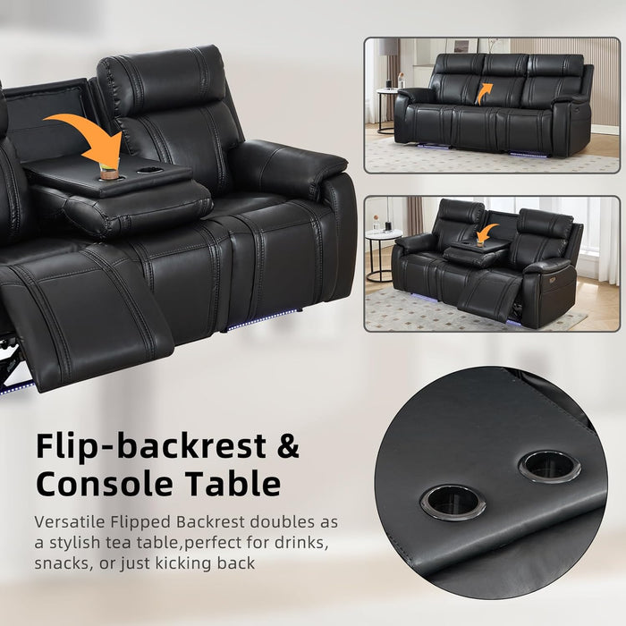 Power Recliner Sofa Set with Flip Middle Backrest, Living Room Furniture Sets, Leather 3 Seater Reclining Sofa Couch with Ambient Lighting, Cup Holders, Side Pocket for Living Room, Black