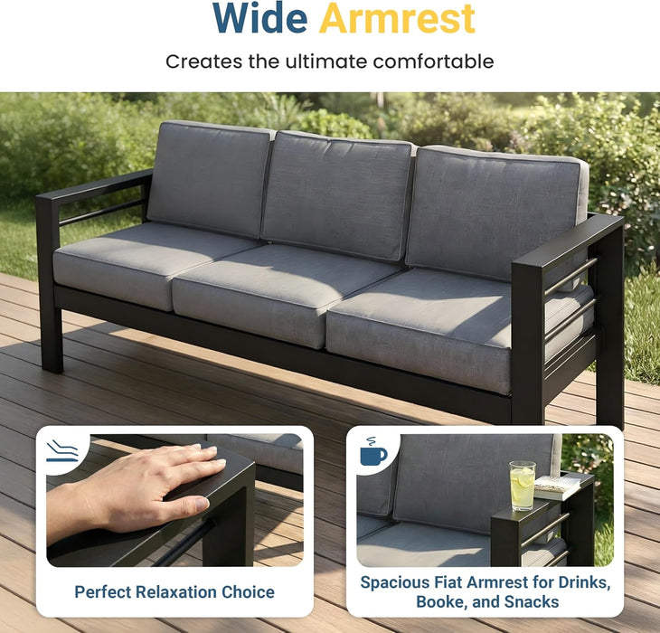 Aluminum Patio Furniture Set for All Weather, Oversized Metal Outdoor Furniture Set with 27.5" Deep Seat and 10" Back Cushion, Patio Conversation Sets with Wide Armrest, Light Gray