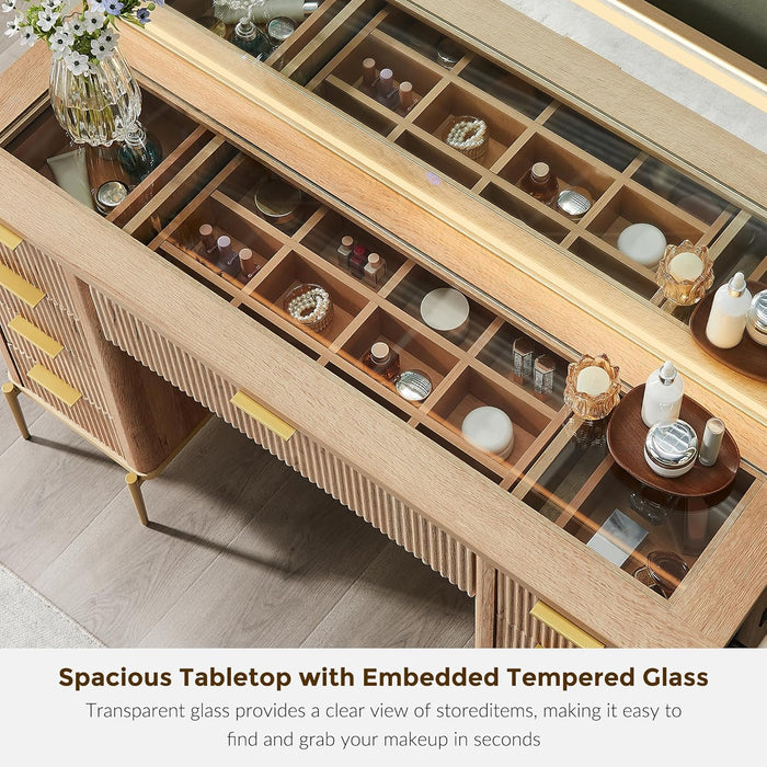 48" Fluted Makeup Vanity Desk with 48" Large Mirror and HD Lights, Modern Vanity Table with 9 Drawers & Charging Station, Glass Top and Golden Handles Dressing Table for Bedroom,Natural Oak