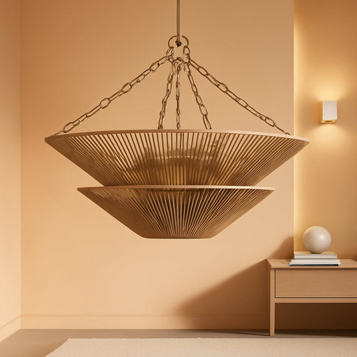 Modern Farmhouse Chandelier for Dining Room, 5-Lights Gold Chandelier for Entryway, Hand-Woven Rattan Pendant Light for Bedroom Kitchen Living Room