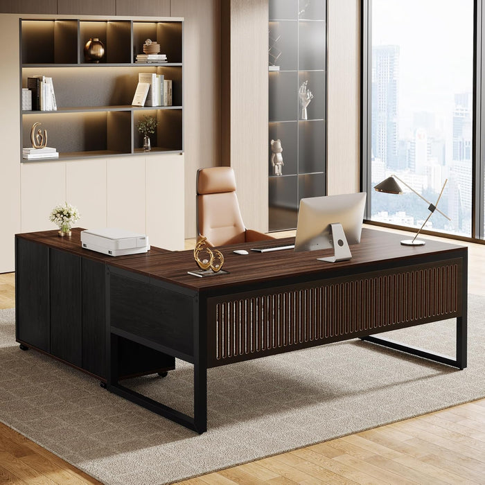 63-Inch L-Shaped Executive Desk, Modern Office Desk with Mobile File Cabinet, Large Executive Desks with Drawer, Business Furniture for Home Office, Dark Walnut & Black