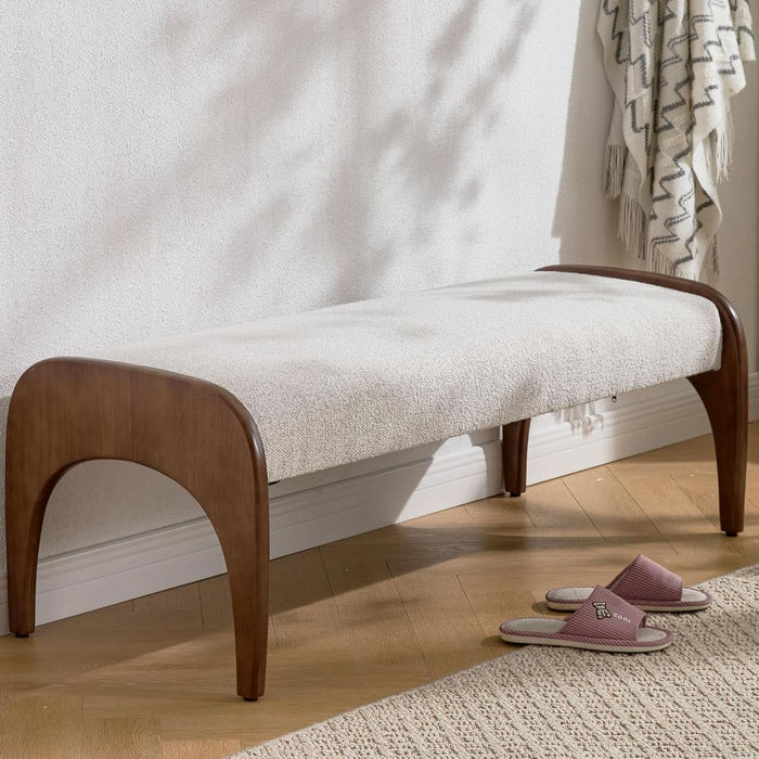 Modern 51" Wide Ottoman Bench, Long Entryway Bedroom Bench with Solid Wood Legs and Sherpa Upholstered Dining Bench Storage Bench for Living Room Indoor, Kitchen, Beige