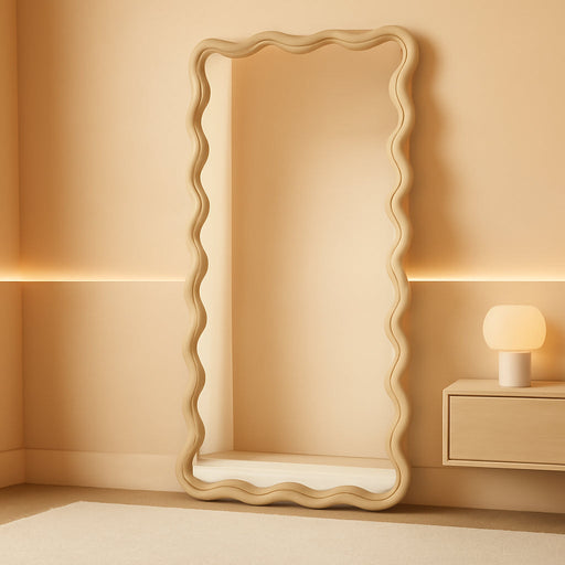 Full Length Mirror, 55"X28" Boho Wavy Wood Floor Mirror, for Bathroom, Bedroom, Living Room, Cloakroom, Entryway