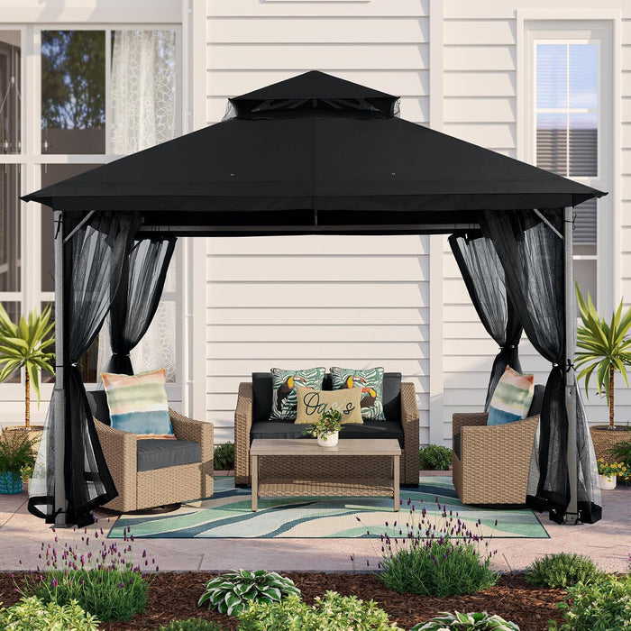 Outdoor Patio Gazebo with Double Roofs, Stable Steel Frame and Mosquito Netting (11X11,Black)