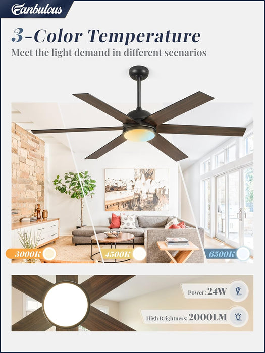 58 Inch Ceiling Fans with Lights and Remote, Black Indoor/Outdoor Ceiling Fan with Quiet Reversible DC Motor, 6 Speeds, 3CCT, 6 Blades Large Ceiling Fan for Living Room Bedroom Patio