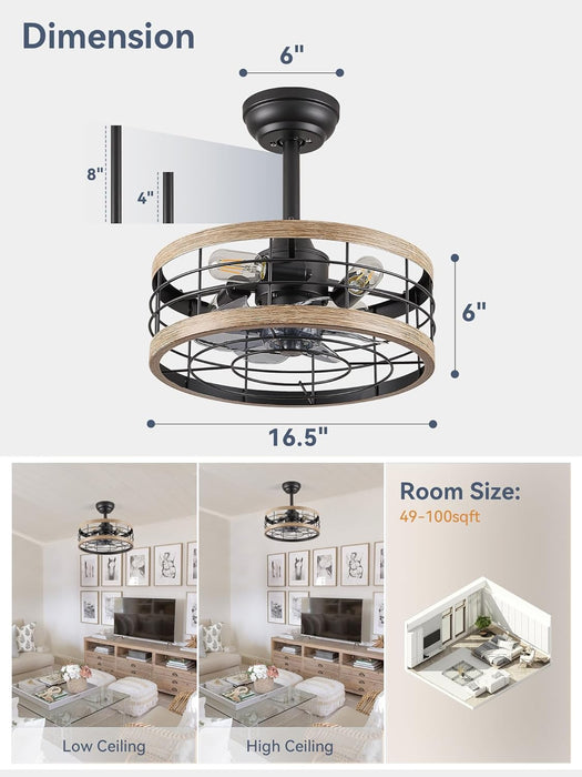 16.5In Caged Ceiling Fan with Light, Fandelier Industrial Ceiling Fan with Remote, Rustic Metal Fan Lights Ceiling Fixtures for Kitchen, Farmhouse, Bedroom（6 Speed,1/2/4/8H Timing）-Brown