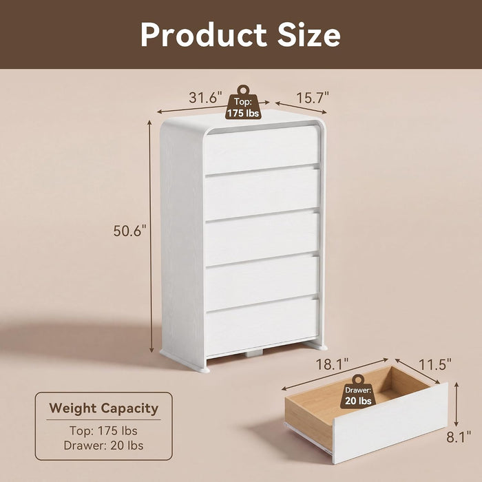 White 5-Drawer Dresser for Bedroom, 50.5" Tall Chest of Drawers