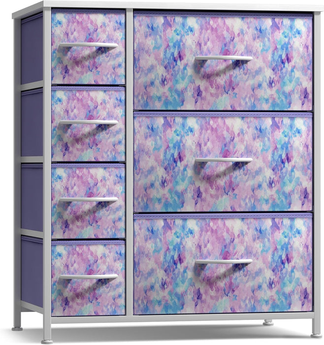 Kids Dresser with 7 Drawers - Storage Chest Organizer Unit with Steel Frame, Wood Top & Handles, Tie-Dye Fabric Bins for Clothes - Wide Furniture for Bedroom Hallway Kids Room Nursery & Closet