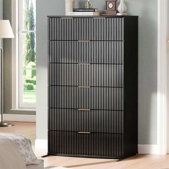 Fluted 6 Drawer Dresser for Bedroom,47'' Tall Chest of Drawer W/Gold Handle