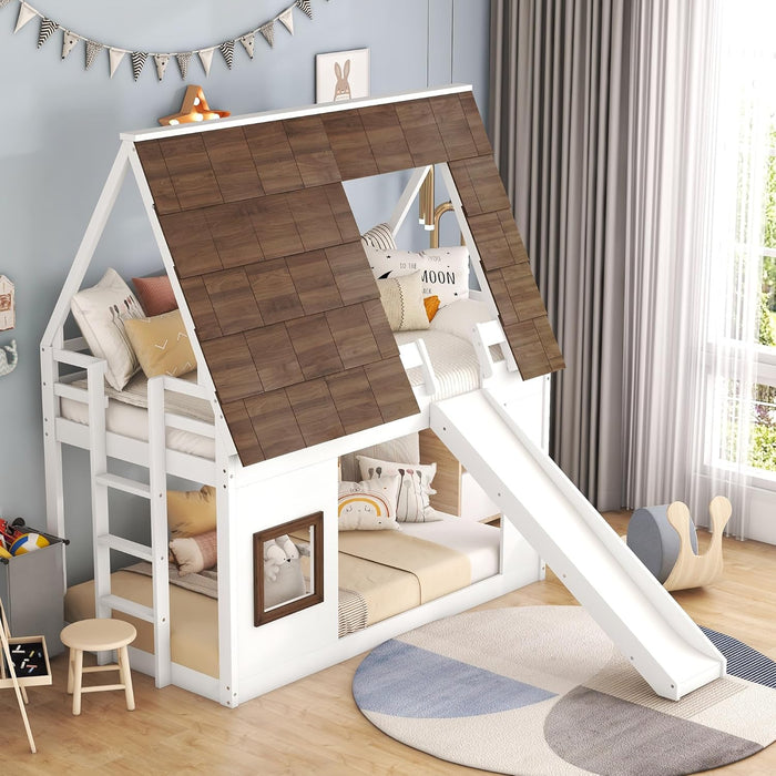 Twin over Twin House Bunk Bed Frame with Roof,Window,Ladder and Slide for Boys Girls, White & Brown