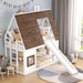 Twin over Twin House Bunk Bed Frame with Roof,Window,Ladder and Slide for Boys Girls, White & Brown