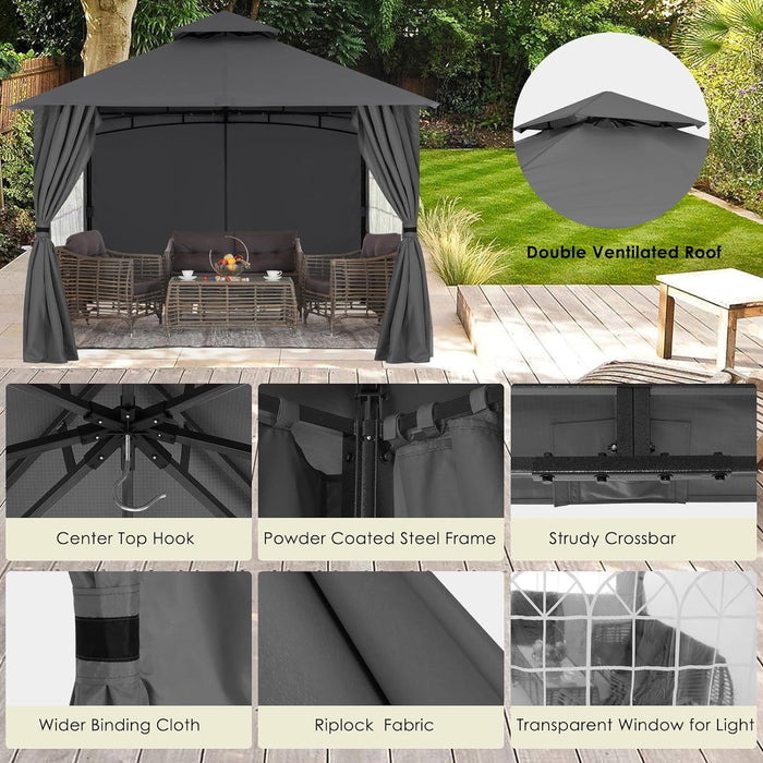 Patio Gazebo Steel Frame Outdoor Gazebo with Windows Curtains (11X11,Dark Gray)