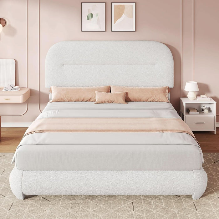Queen Size Boucle Bed Frame, Upholstered Platform Bed Frame with Headboard, Modern Style, Soft Rounded Corners with Thickened Footboard, No Box Spring Needed, Easy Assembly, White