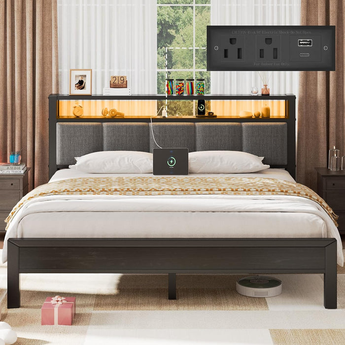 Full Size Bed Frame with LED Lights and Charging Station, Grey