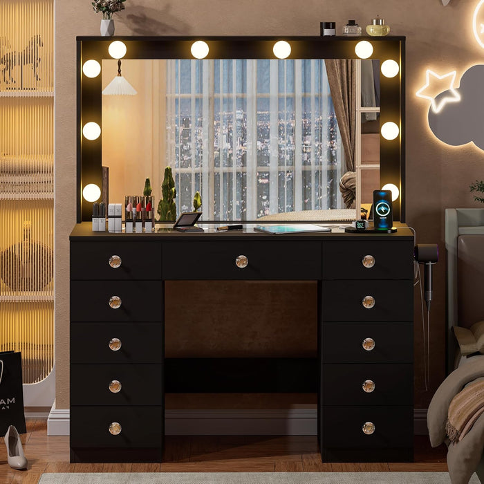42.1" Vanity with Large Mirror and 10 LED Lights, Vanity Desk with Glasstop, 11 Drawers with Crystal Handles, Dressing Table with Power Outlet as Gift for Women, Girls (Black)