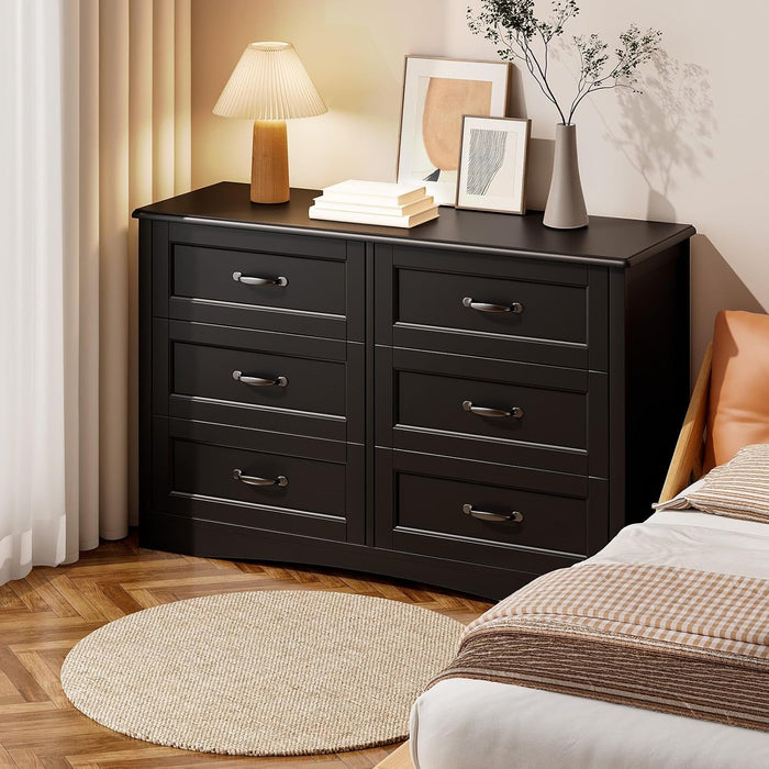 47" 6 Drawer Dresser, Black Wide Chest of Drawers for Bedroom