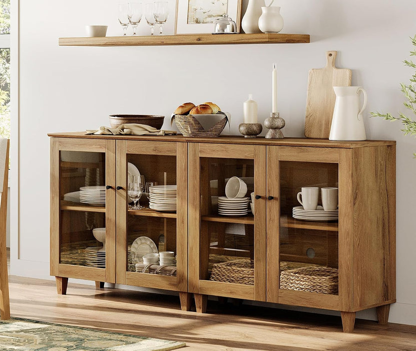 Glass Buffet Cabinet, 70.8" Modern Coffee Bar Sideboard, Oak Brown | Adjustable Shelf, Cable Management, Anti-Tip, Tempered Glass Doors, Wood Legs, Modular Storage for Dining Room Living Room