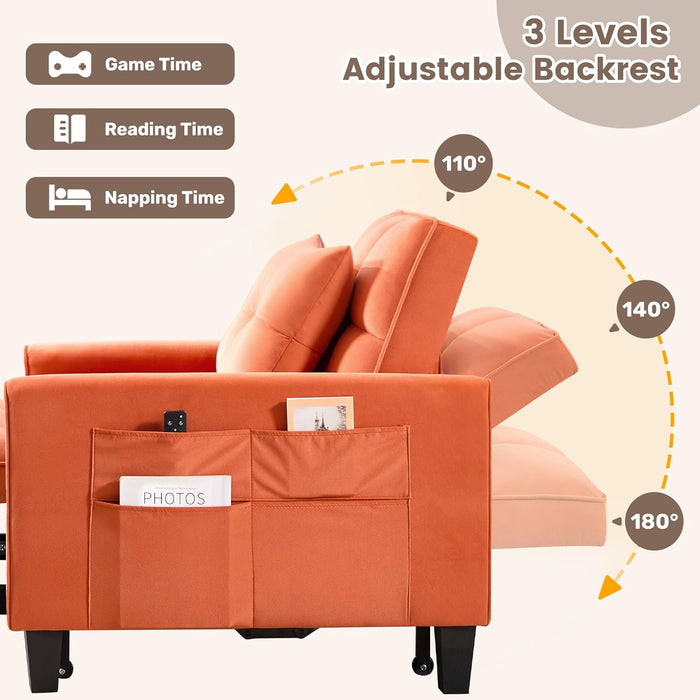 Three In One Velvet Orange Convertible SleeperChair
