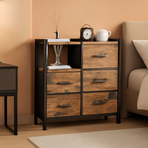 5 Drawer Rustic Brown Dressers for Bedroom 2 Tier Shelf Storage Small Fabric Dresser for Closet Sturdy Metal Frame Modern Style Storage Cabinets Organization Units for Hallway Rooms